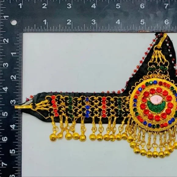 Golden Afghan Matha Patti With Multicolor Glass Stones  display picture 3